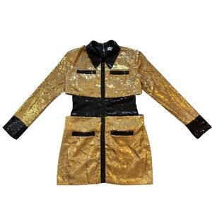NWT L’atiste By Amy Sequin Mini Dress Bodycon Sleeves Collar Gold Black Party L